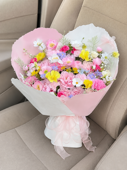 Rainbow Cottage Garden Bouquet, high-angle car view; AI design illustration