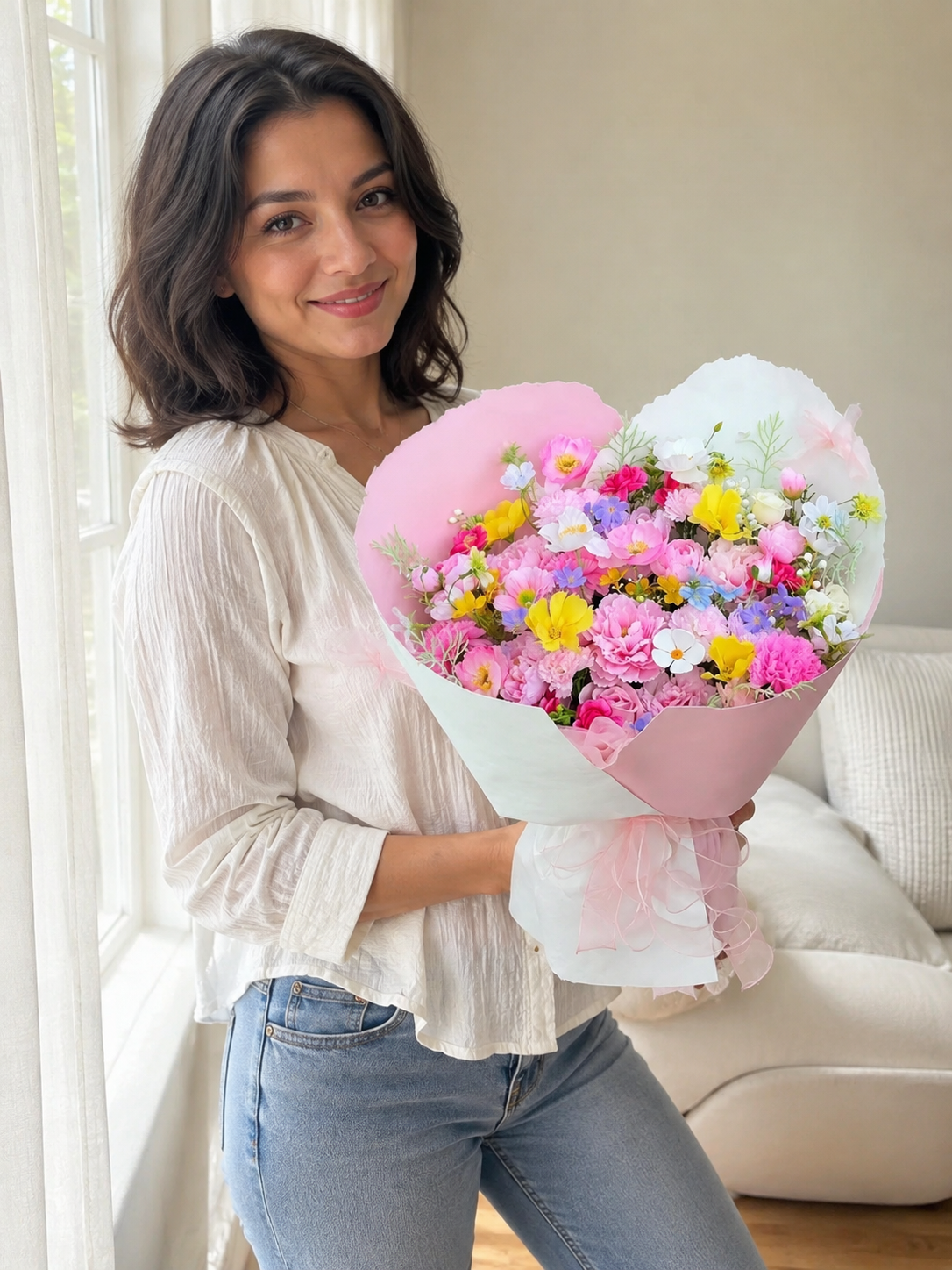 Rainbow Cottage Garden Bouquet, person-held angled view; AI design illustration