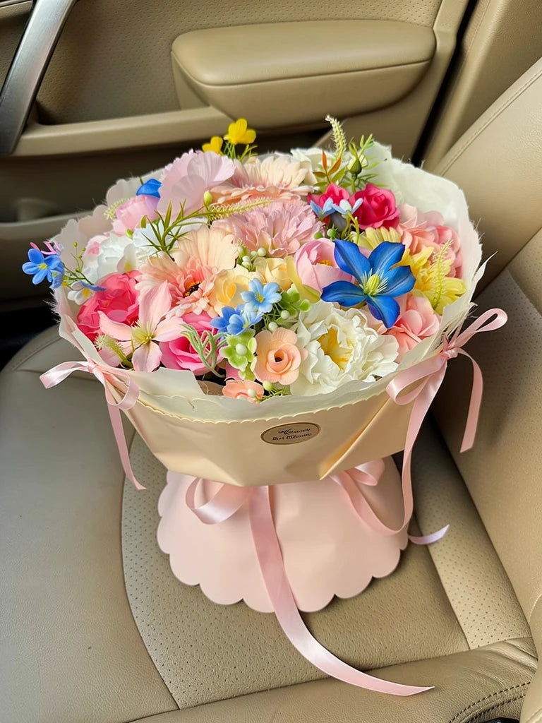 Rainbow Garden Celebration Bouquet, Medium, high-angle car-seat view; AI lifestyle illustration