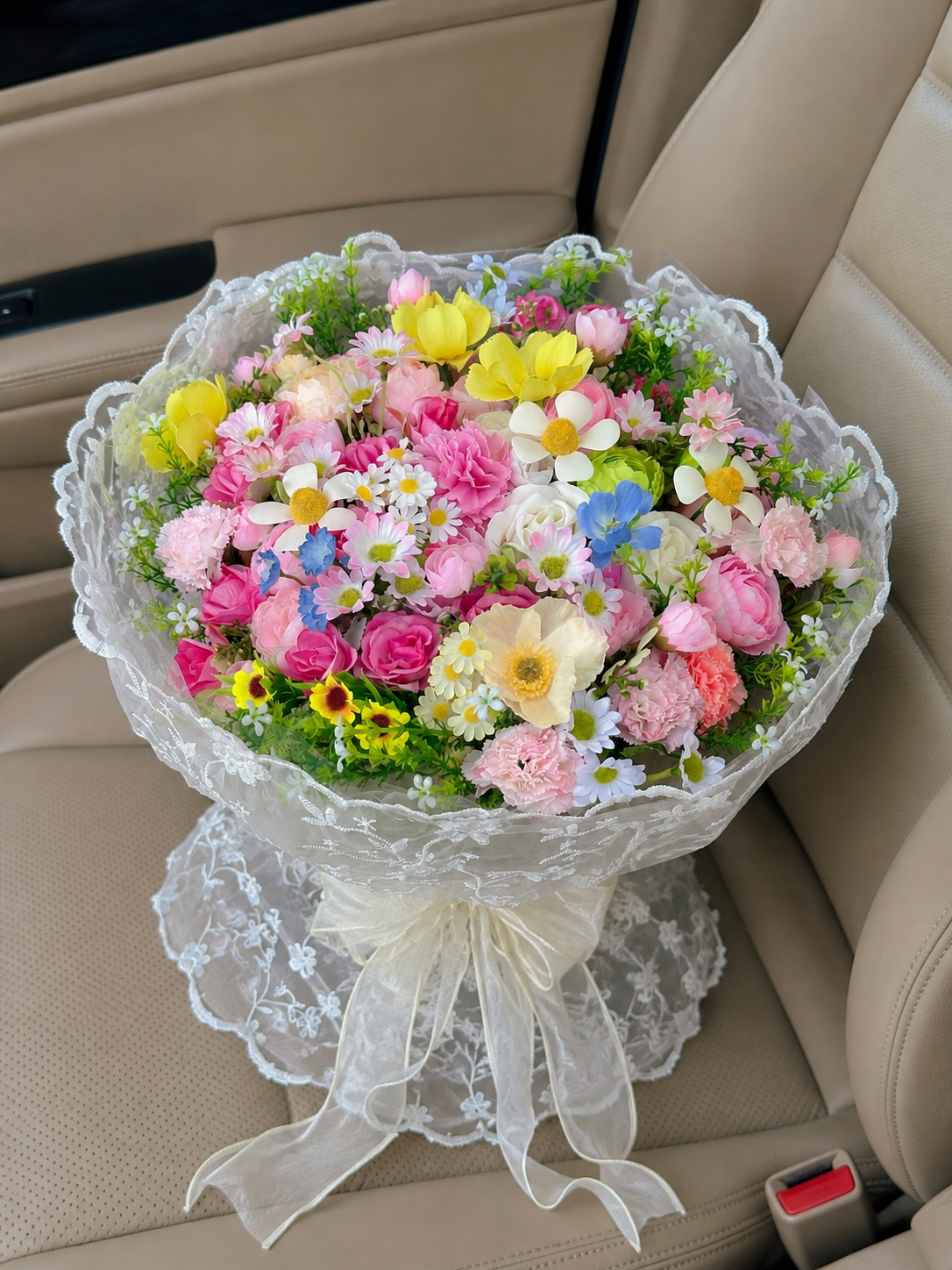 Rainbow Meadow Lace Bouquet, high-angle car view; AI design illustration