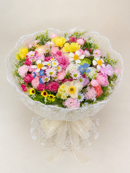 Rainbow Meadow Lace Bouquet, front view; AI design illustration