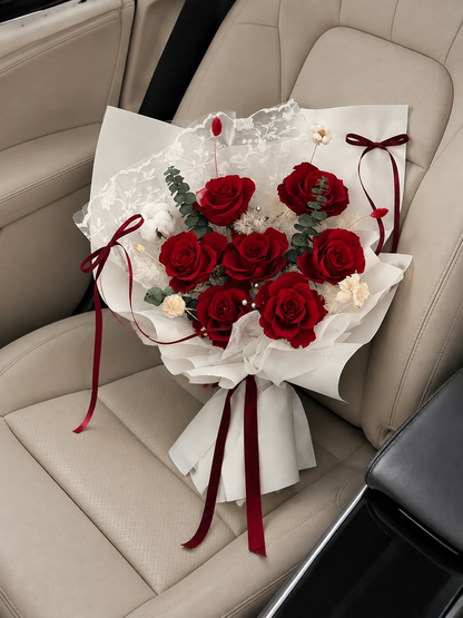 Red Rose Ivory Lace Bouquet, high-angle car view; AI design illustration
