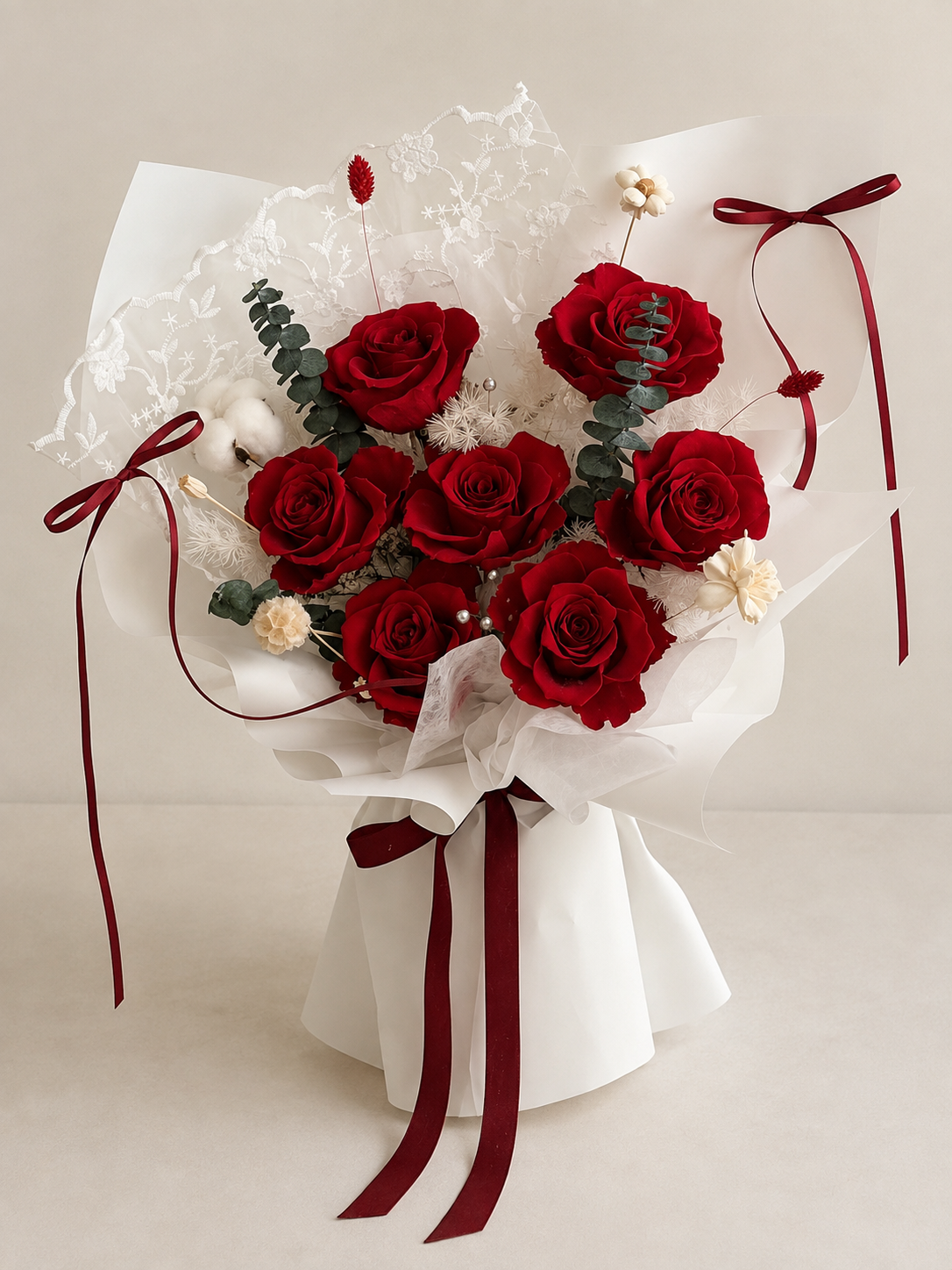 Red Rose Ivory Lace Bouquet, front view; AI design illustration