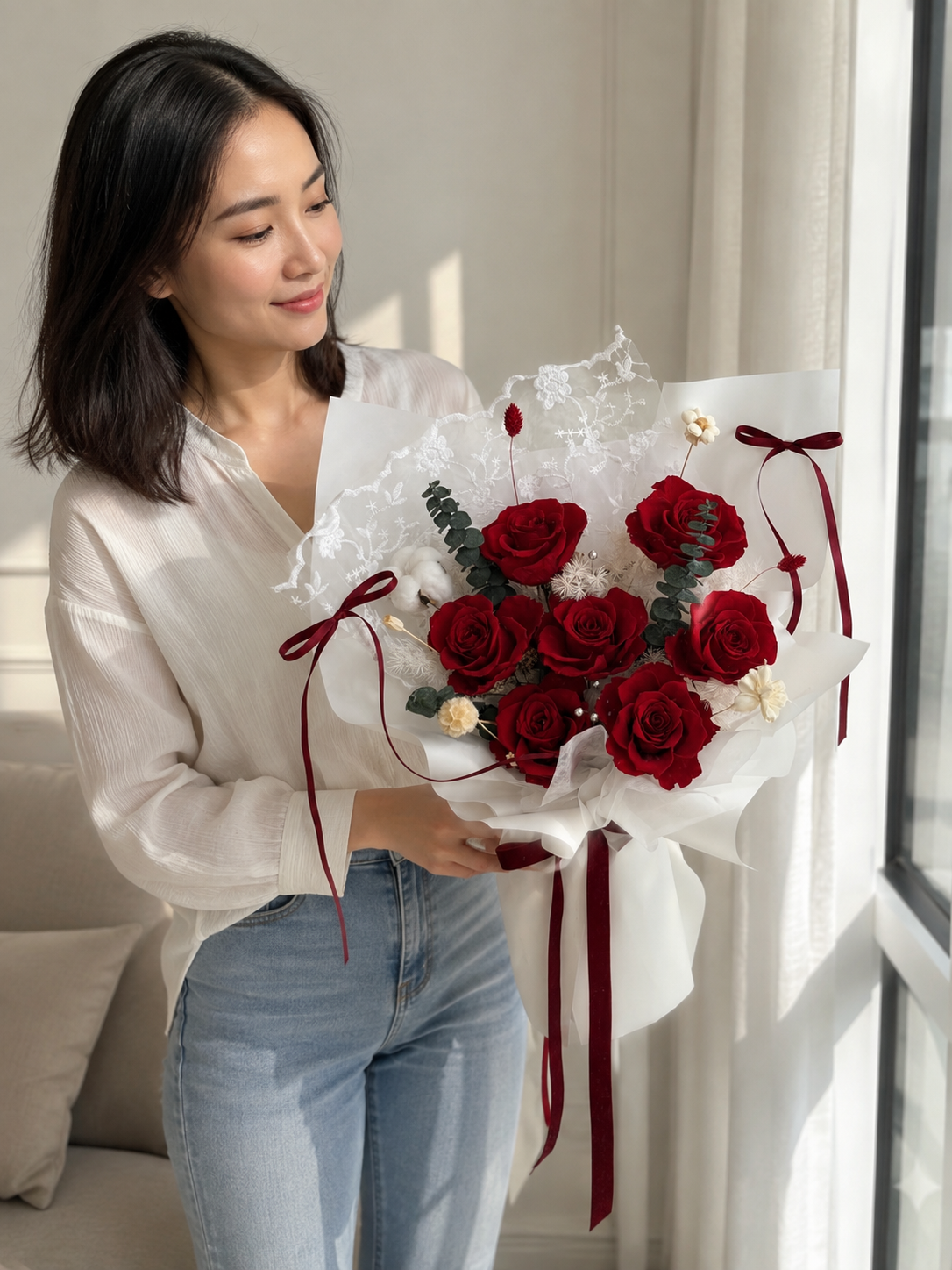 Red Rose Ivory Lace Bouquet, person-held angled view; AI design illustration
