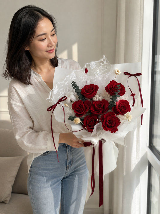 Red Rose Ivory Lace Bouquet, person-held angled view; AI design illustration