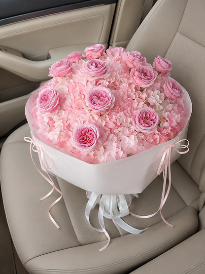 Rosewater Hydrangea Grand Bouquet, car top view; AI design illustration