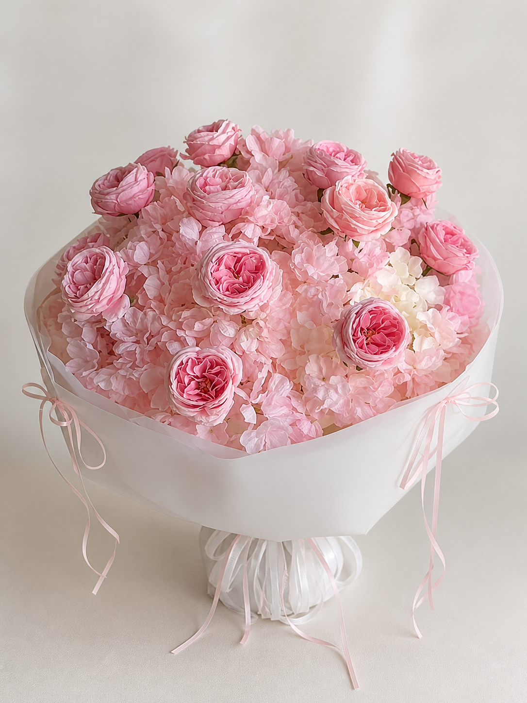Rosewater Hydrangea Grand Bouquet, front; AI design illustration