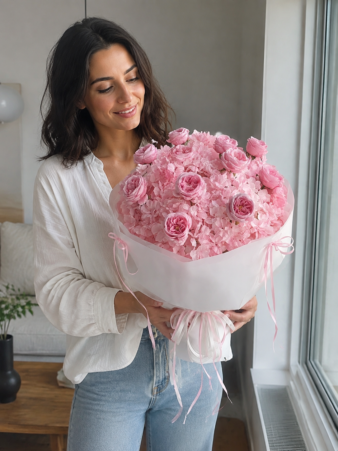 Rosewater Hydrangea Grand Bouquet, ugc angled; AI design illustration