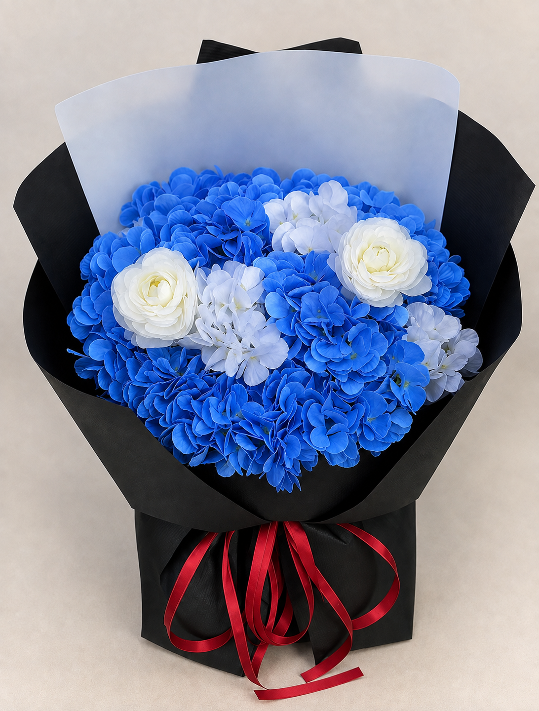 Royal Blue Ivory Rose Bouquet, front; AI design illustration