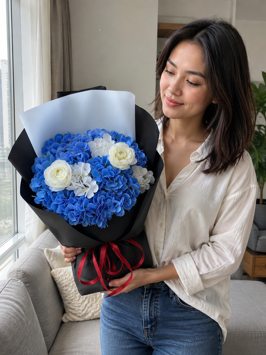 Royal Blue Ivory Rose Bouquet, ugc angled; AI design illustration