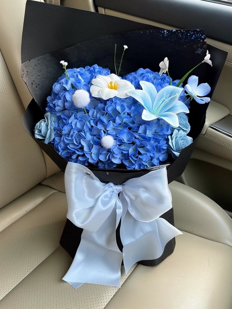 Sapphire Hydrangea Lily Bouquet, Medium, high-angle car-seat view; AI lifestyle illustration