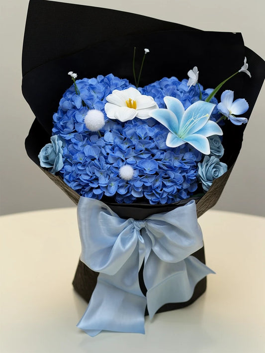 Sapphire Hydrangea Lily Bouquet, Medium, front view; AI design illustration