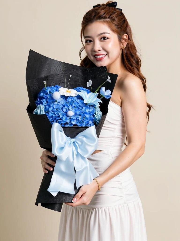 Nguyen Lan holding Sapphire Hydrangea Lily Bouquet, Medium; AI lifestyle illustration