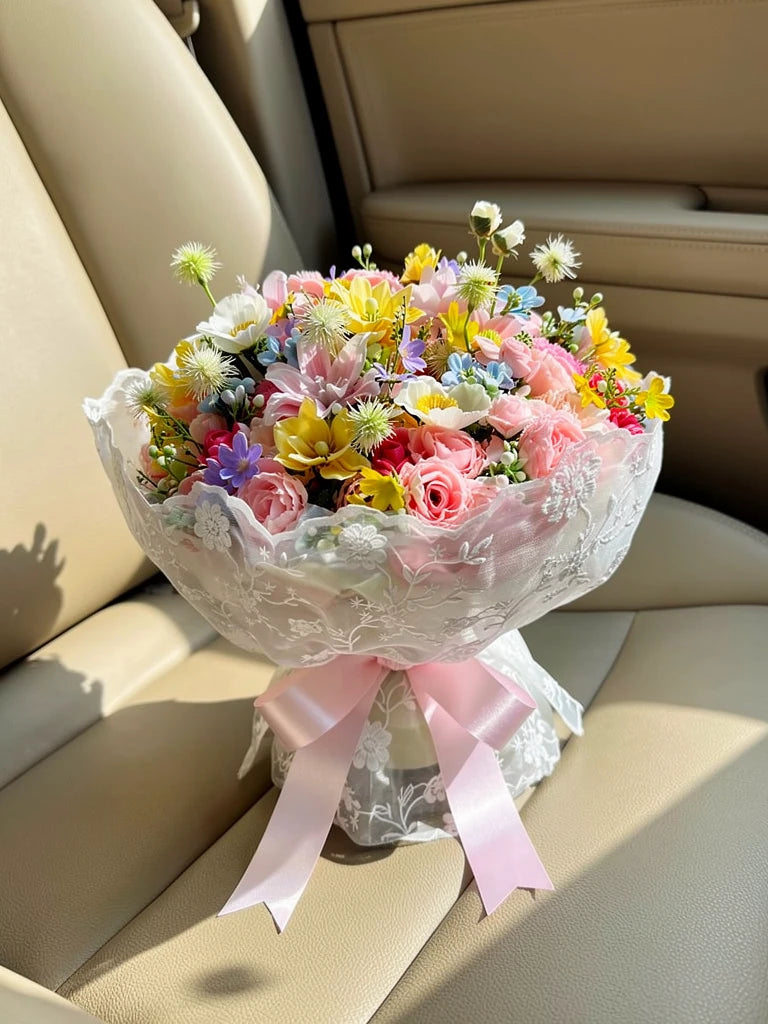 Small Garden Meadow Bouquet, Small, high-angle car-seat view; AI lifestyle illustration