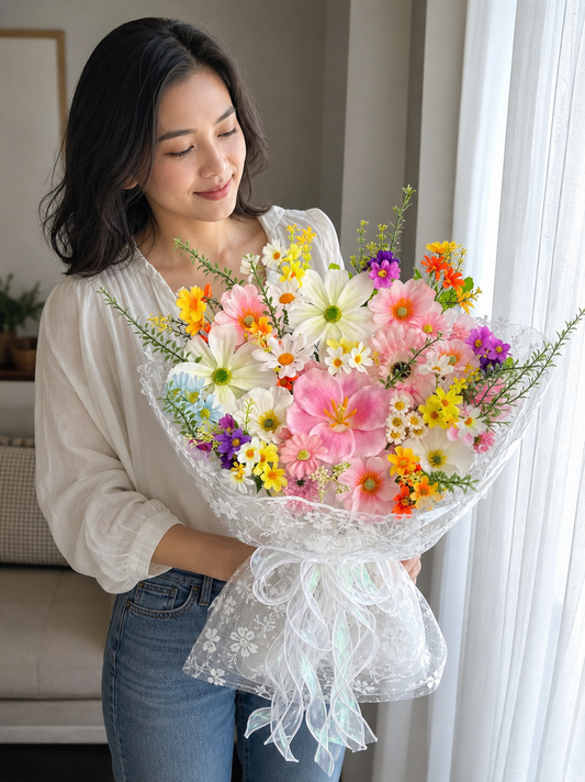 Sunlit Daisy Meadow Bouquet, ugc angled; AI design illustration
