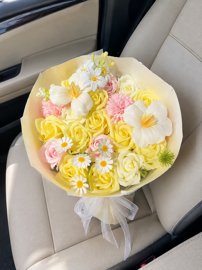 Sunshine Yellow Mixed Flower Bouquet, car-seat top view; AI design illustration
