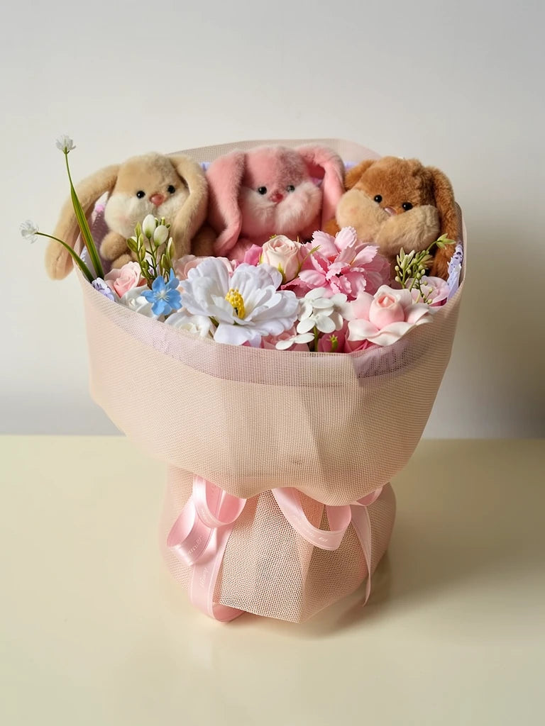 Trio Plush Floral Keepsake Bouquet, Medium, front view; AI design illustration