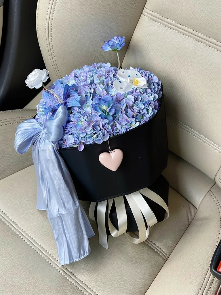 High-angle view of Twilight Blue Hydrangea Bouquet on a parked-car passenger seat; AI lifestyle illustration