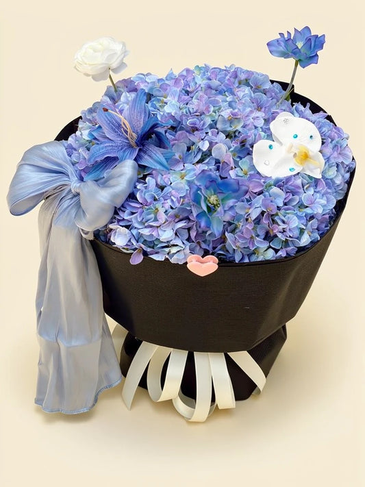 Front view of Twilight Blue Hydrangea Bouquet, size M; AI design illustration