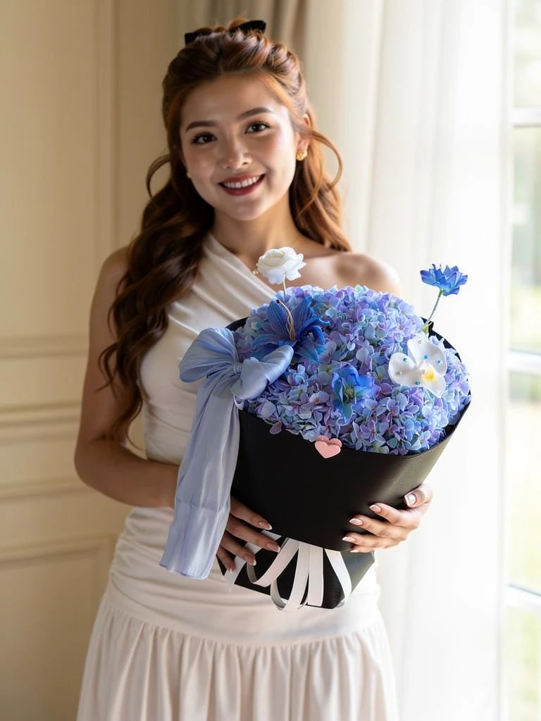 Nguyen Lan reference model holding Twilight Blue Hydrangea Bouquet at an angle; AI lifestyle illustration
