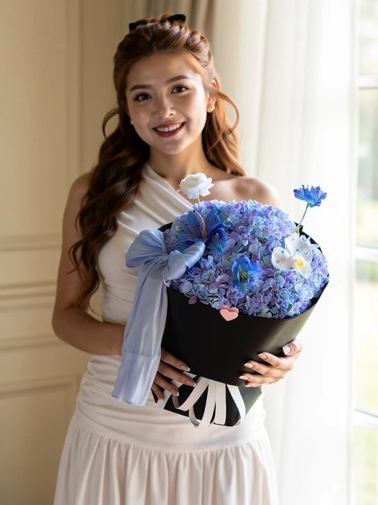 Nguyen Lan reference model holding Twilight Blue Hydrangea Bouquet at an angle; AI lifestyle illustration